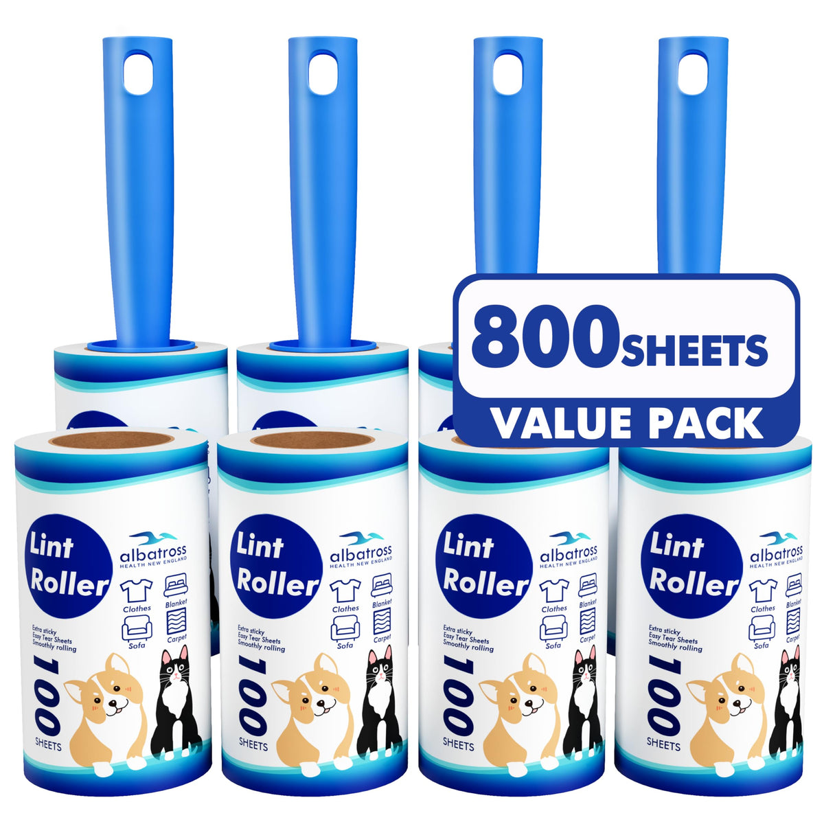 800 Sheets Lint Rollers for Pet Hair Extra Sticky, 4 Handles, 8 Rollers