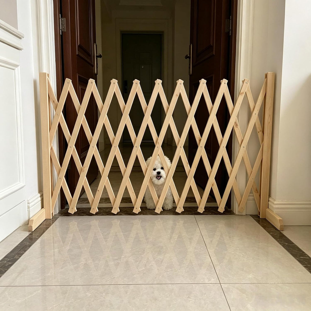 Expandable Wooden Dog Gate, Indoor Outdoor Dog Fence(Wood,L)