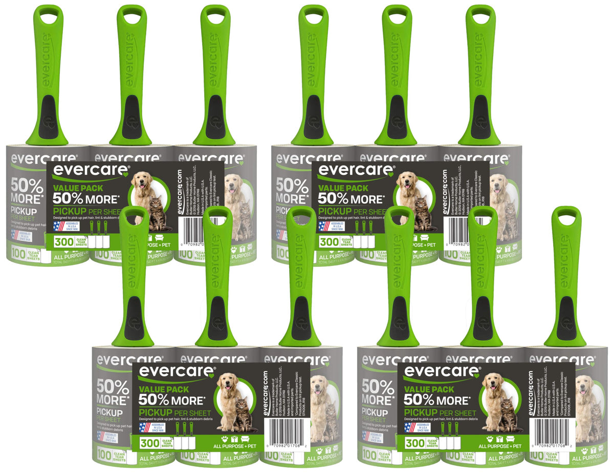Evercare Pet Hair Lint Rollers All Purpose Use Easy-Tear Sheets Per Roll Reusable Sticky Roller Pets Cat,Dog Hair Remover Contoured Handle for Furniture Clothing & Cars,Green, 200 Sheets (Pack of 12)