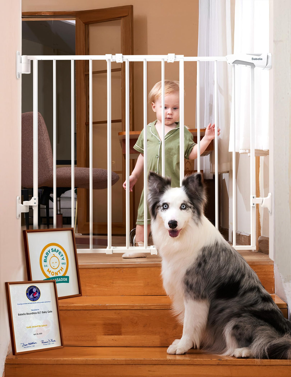 Babelio 34" Extra Tall No Bottom Bar Baby Gate, 26-43", Brown Wood Pattern