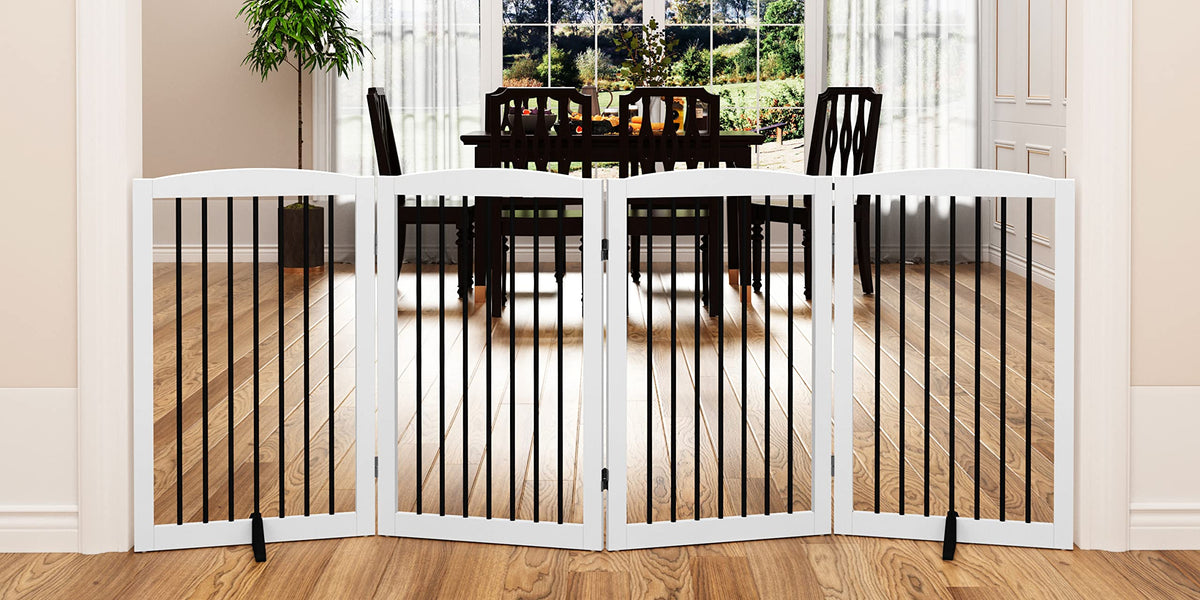 PUPETPO Freestanding Pet Gate for Dogs, Foldable Wooden Dog Gate for House, Indoor Pet Barrier for Stairs, Doorways, Support Feet Included, 24" Height 2 Panels, White
