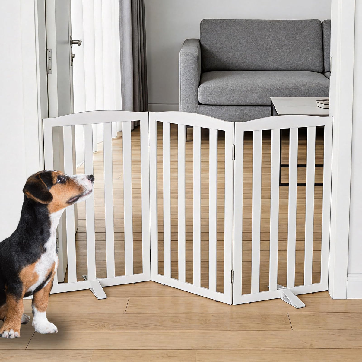 Freestanding Dog Gate Indoor,Doggie Gate Foldable Pet Gates for Doorways,Stairs or Hallways, Wooden Brown Pet Gate for the House, Pet Fence with Support Feet Included,24 "Height-2 Panels