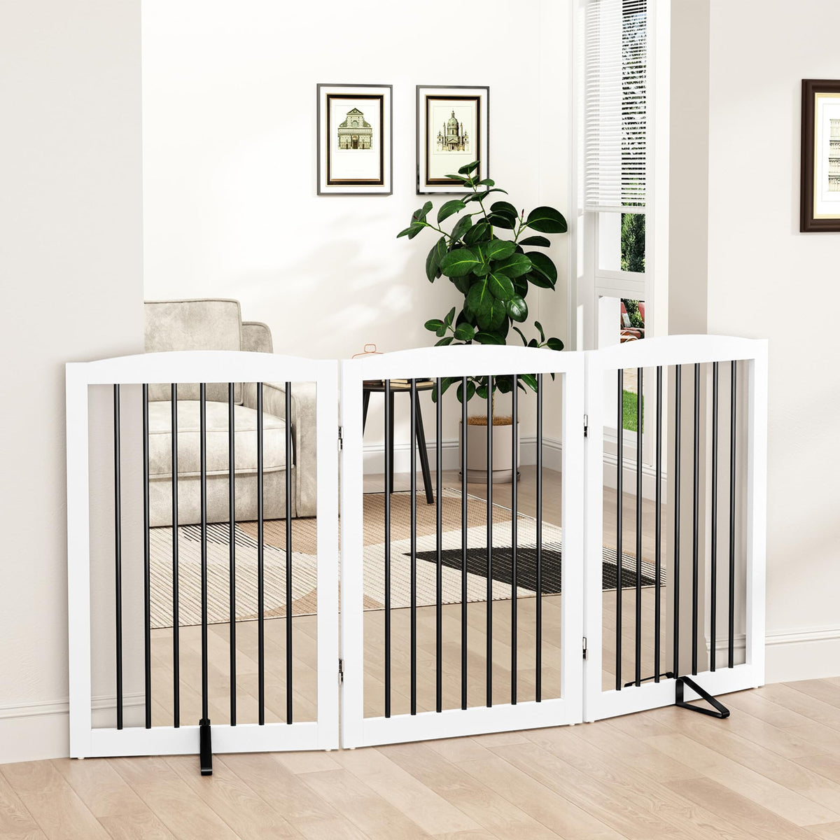 PUPETPO Freestanding Pet Gate for Dogs, Foldable Wooden Dog Gate for House, Indoor Pet Barrier for Stairs, Doorways, Support Feet Included, 24" Height 2 Panels, White