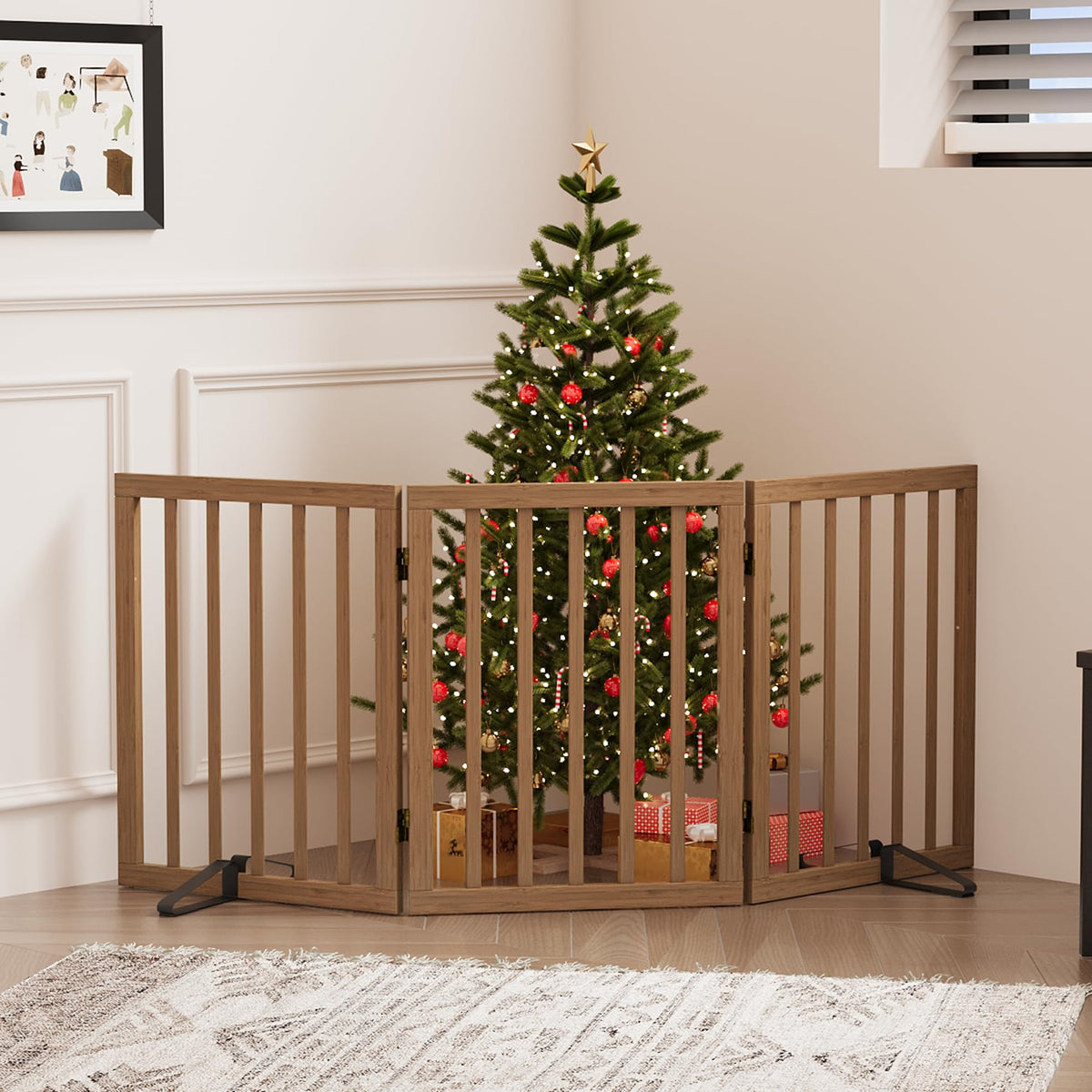 Dog Gates for Doorways, Tall Dog Gate Indoor, Foldable Pet Gates for Doorways Bedroom, Freestanding Puppy Gate with Metal Support Feet, Room Divider,3 Panels (Walnut)