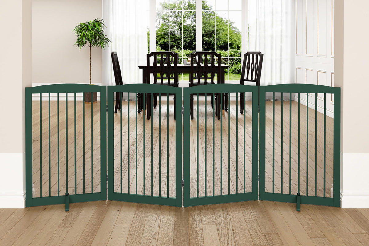 PUPETPO Freestanding Pet Gate for Dogs, Foldable Wooden Dog Gate for House, Indoor Pet Barrier for Stairs, Doorways, Support Feet Included, 24" Height 2 Panels, White
