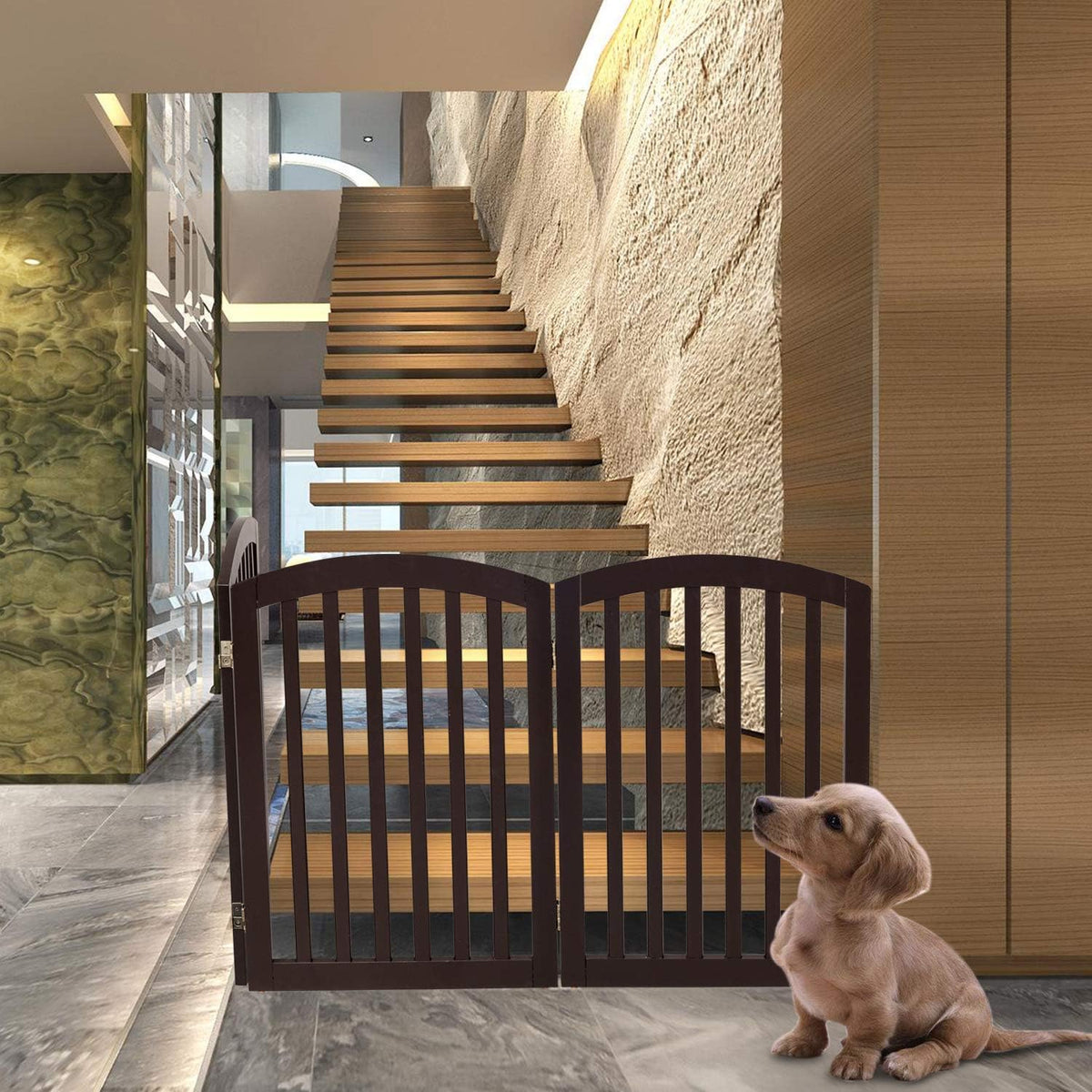 Bonnlo 3-Panel Wooden Free Standing Pet Gate for Dogs, 30'' Tall Dog Gates for the House, Doorways & Stairs, Dog Fences Indoor Puppy Gate with 3 Foot Supporters, Up to 61” Wide, Espresso