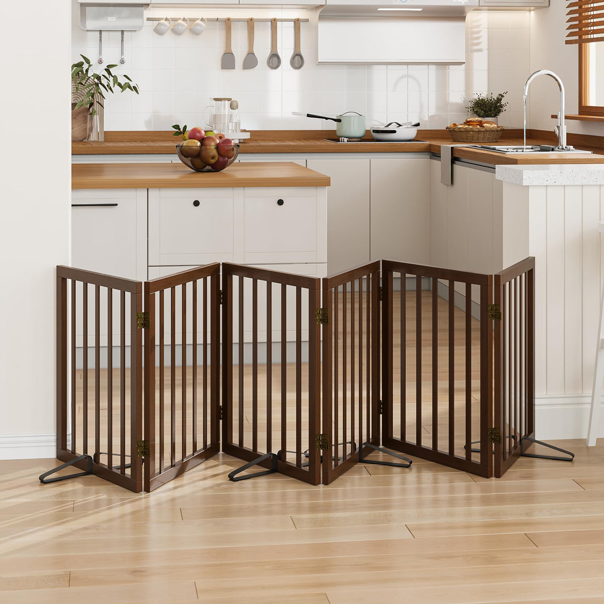 Freestanding Pet Gate Foldable Dog Gate (55 inches Wide) Walnut Bamboo Dog Gates for Stairs Doorways House (2 Support Feet Included)