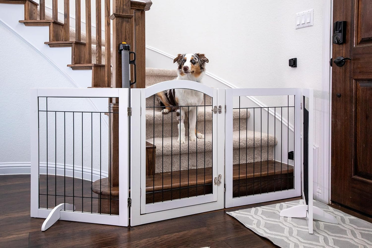SPIRICH Pet Gate-Freestanding Dog Gate Indoor with Door, 96" Wide, 30" Tall