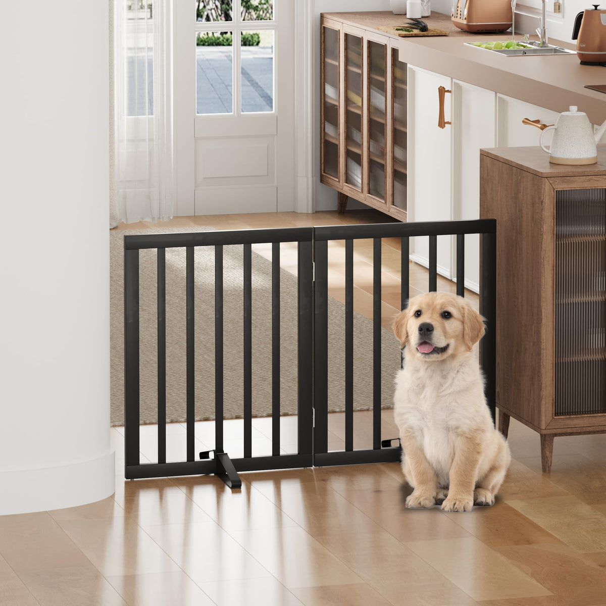 Dog Gates for Doorways, Tall Dog Gate Indoor, Foldable Pet Gates for Doorways Bedroom, Freestanding Puppy Gate with Metal Support Feet, Room Divider,3 Panels (Walnut)