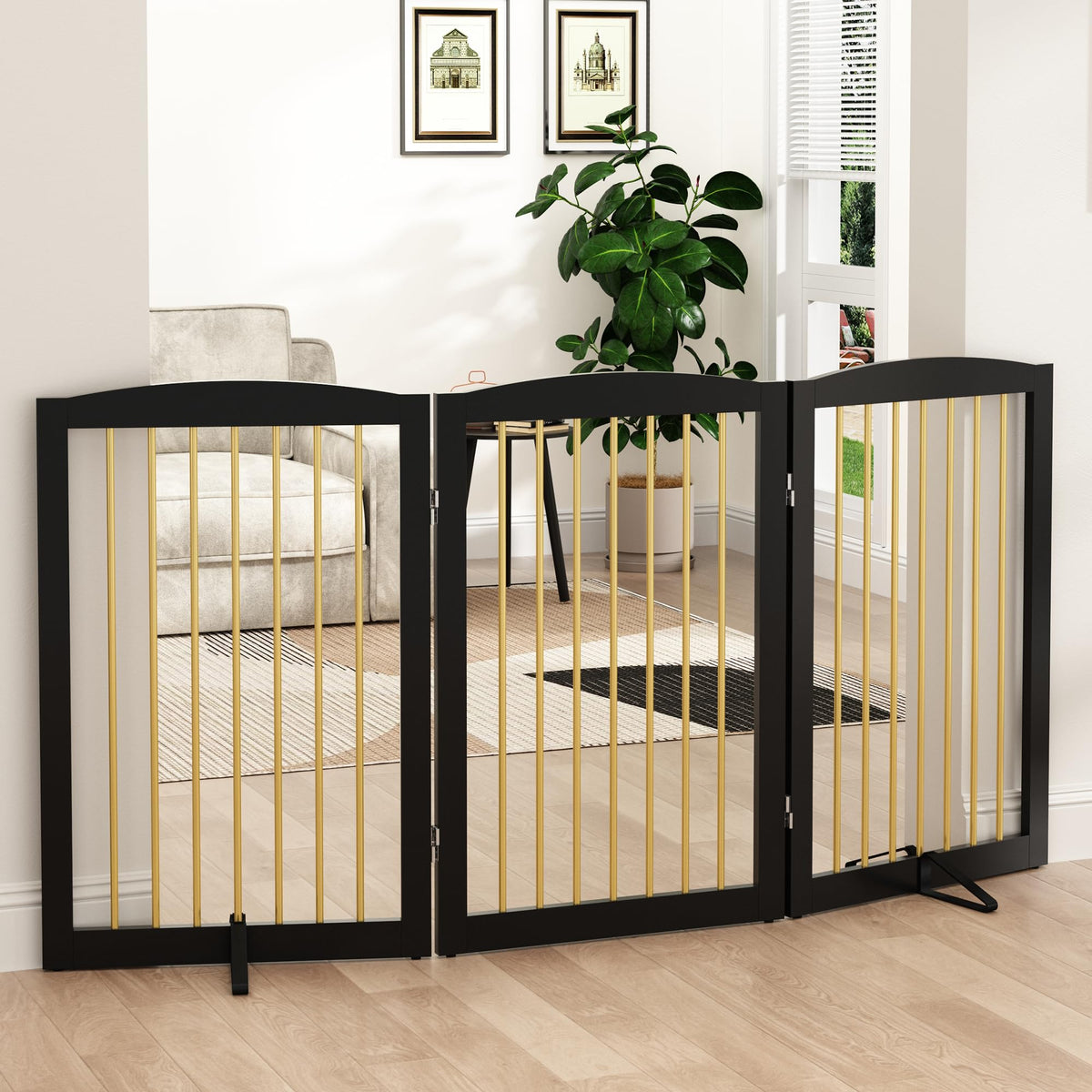 PUPETPO Freestanding Pet Gate for Dogs, Foldable Wooden Dog Gate for House, Indoor Pet Barrier for Stairs, Doorways, Support Feet Included, 24" Height 2 Panels, White
