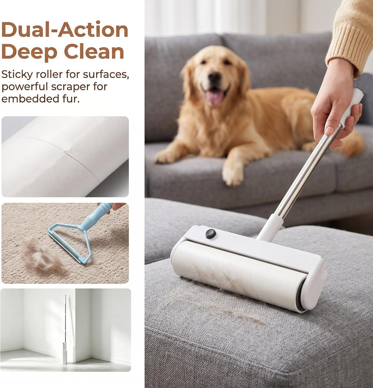 9.45" Long Handle Lint Roller for Pet Hair - 5 Refills 300 Sticky Sheets, Pet Hair Remover with Scraper for Cleaning Pet Hair, Couch, Carpet, Curtains, Cars, Floors
