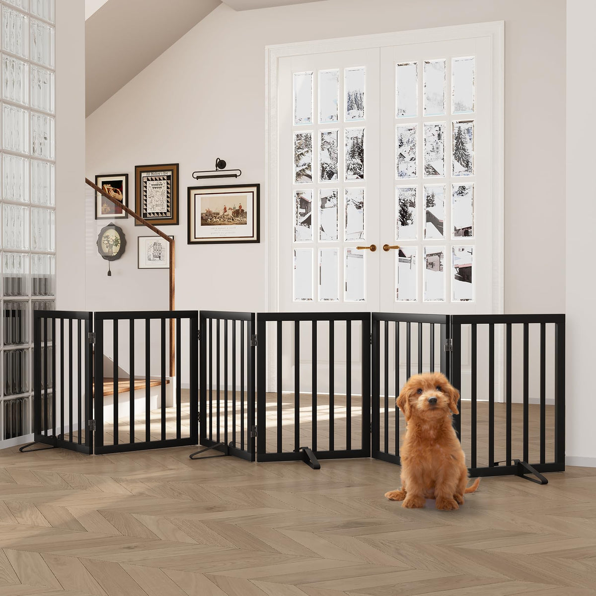 Semiocthome Dog Gate Indoor 2-Panel Freestanding Puppy Gates for The House with 2 Metal Stands 24" H Folding Wood Pet Gate for Stairs Doorway, Fully Assembled Safety Fence - Walnut