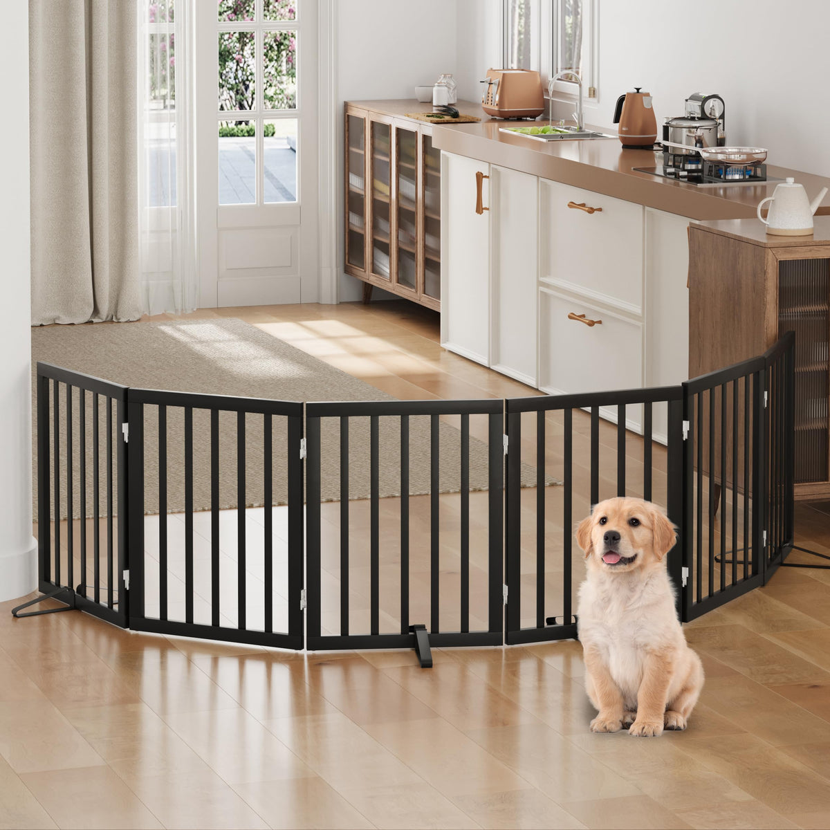 Dog Gates for Doorways, Tall Dog Gate Indoor, Foldable Pet Gates for Doorways Bedroom, Freestanding Puppy Gate with Metal Support Feet, Room Divider,3 Panels (Walnut)