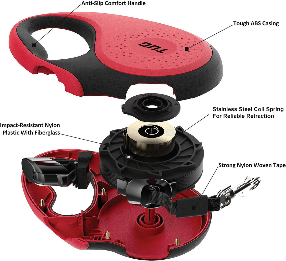 TUG Original Retractable Dog Leash, 16 ft (Medium, Red)