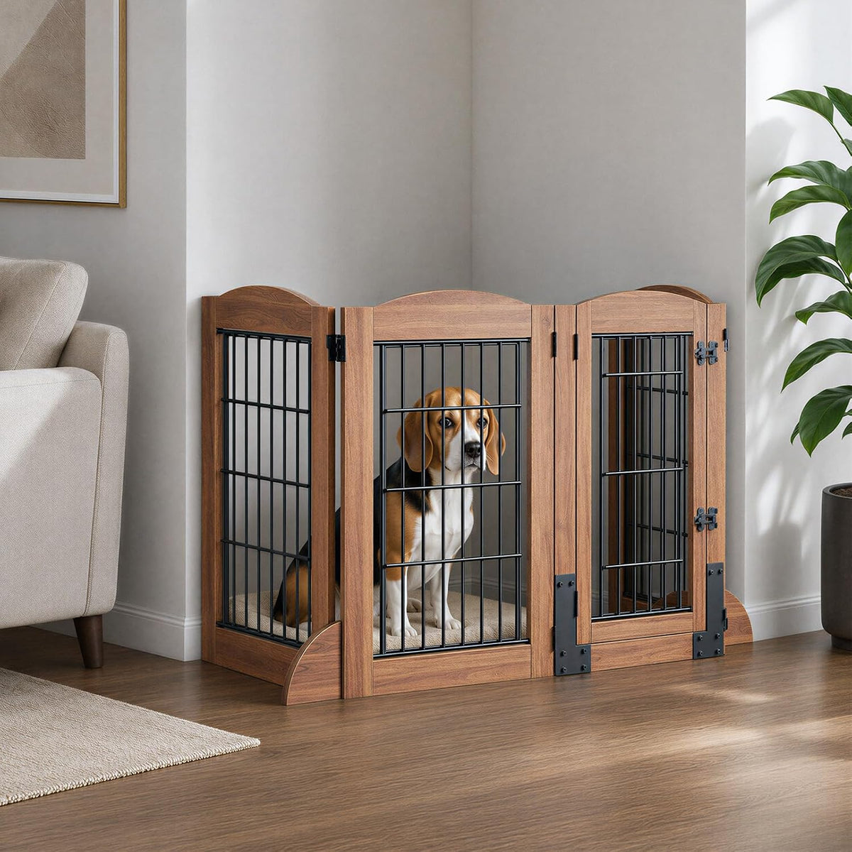 HOOBRO 4 Panels Dog Gate Indoor with Door, 32.7'' Tall Freestanding Pet Gate with 2 Support Feet, Foldable Dog Fence for Doorways, Stairs, Wooden Pet Puppy Safety Fence, Walnut BH86PP03N1