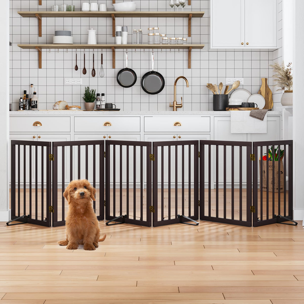 Freestanding Pet Gate Foldable 4 Panel Dog Gate Walnut Dog Gates for Stair Doorways House Indoor (2 Support Feet Included)