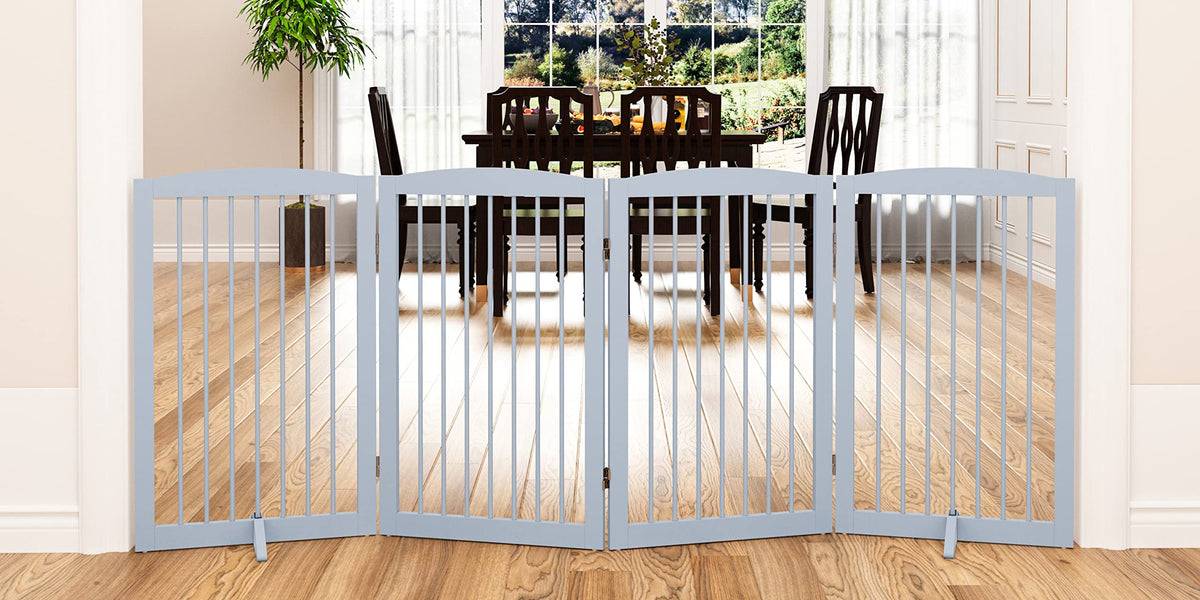 PUPETPO Freestanding Pet Gate for Dogs, Foldable Wooden Dog Gate for House, Indoor Pet Barrier for Stairs, Doorways, Support Feet Included, 24" Height 2 Panels, White