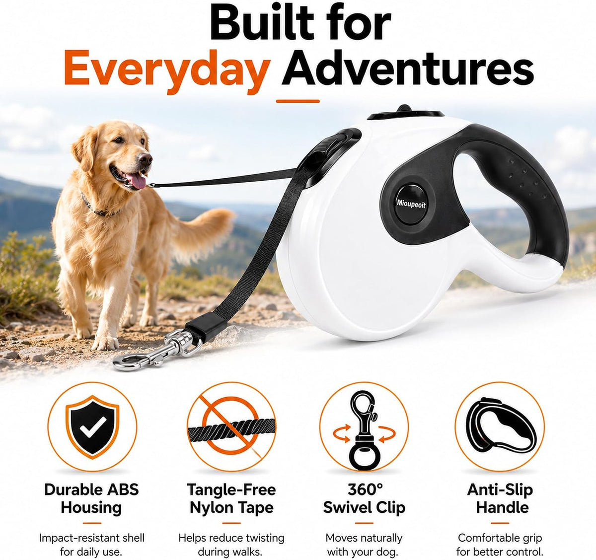 Retractable Dog Leash, 16 FT Dog Leash for Small and Medium Dogs up to 88 lbs, One-Hand Brake, Lock & Release, 360° Tangle-Free Nylon Tape, Anti-Slip Handle