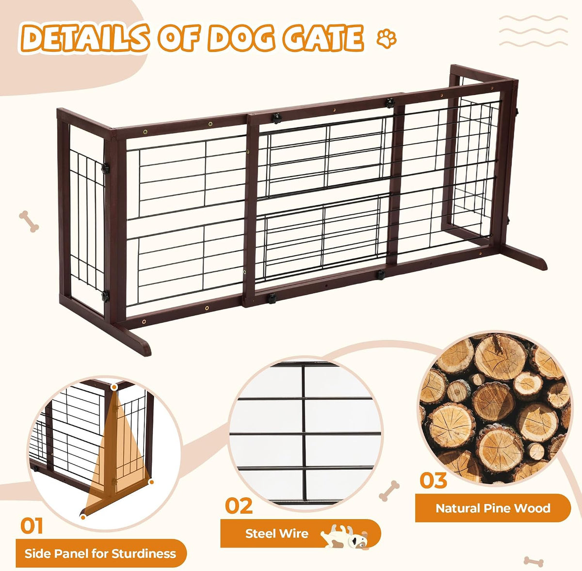 Coziwow 38-67" Freestanding Adjustable Dog Gate, No Drilling, Brown