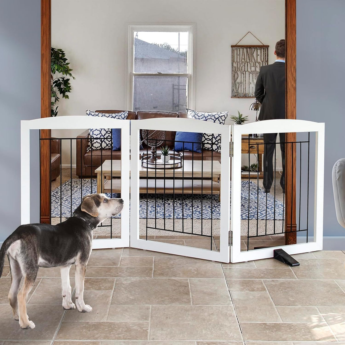 ZJSF Freestanding Dog Fence Indoor, Foldable Dog Gate for Doorways, Stairs or Hallways, Sturdy Wood Extra Wide Pet Gate with Support Feet for The House, White, 24 "Height-3 Panels