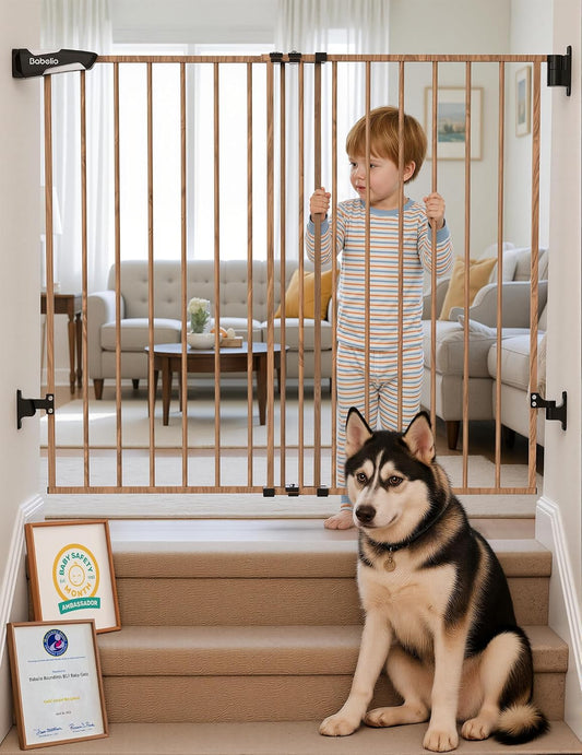 Babelio 34" Extra Tall No Bottom Bar Baby Gate, 26-43", Brown Wood Pattern