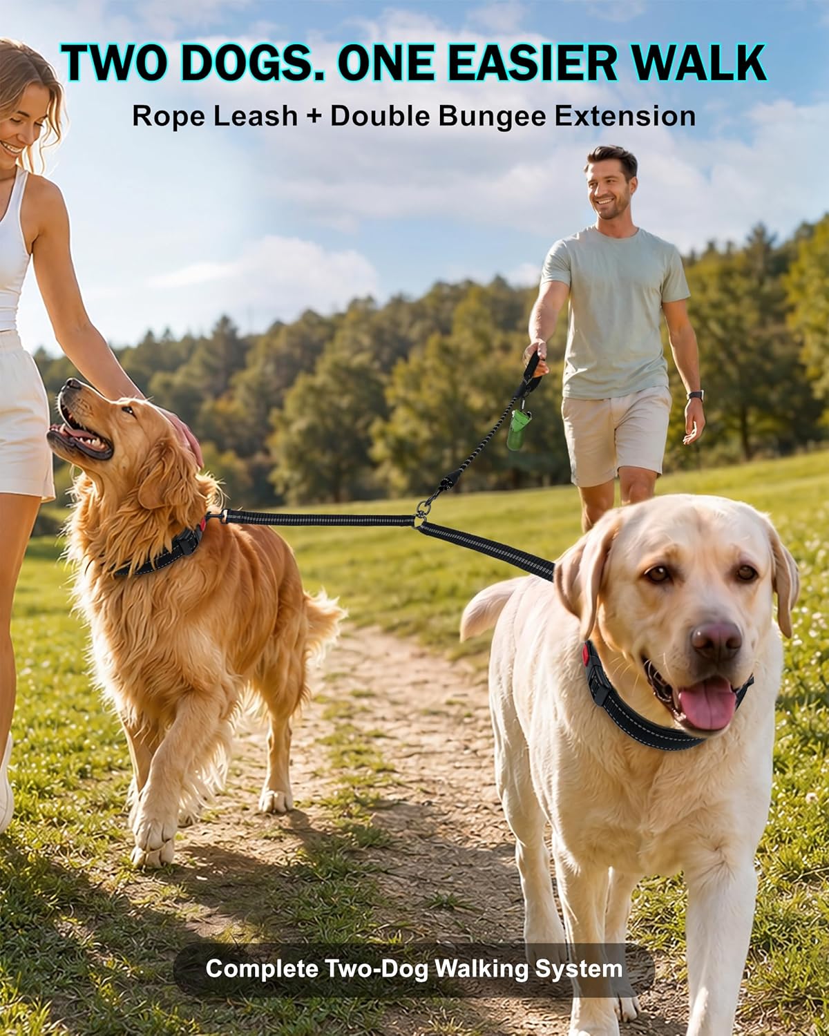Taglory Double Dog Leash for Two Dogs No Tangle, Bungee Extension, Large