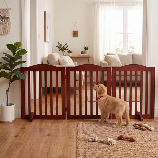 24 Inch Brown Foldable Dog Gate, 3-Panel Freestanding Solid Wood