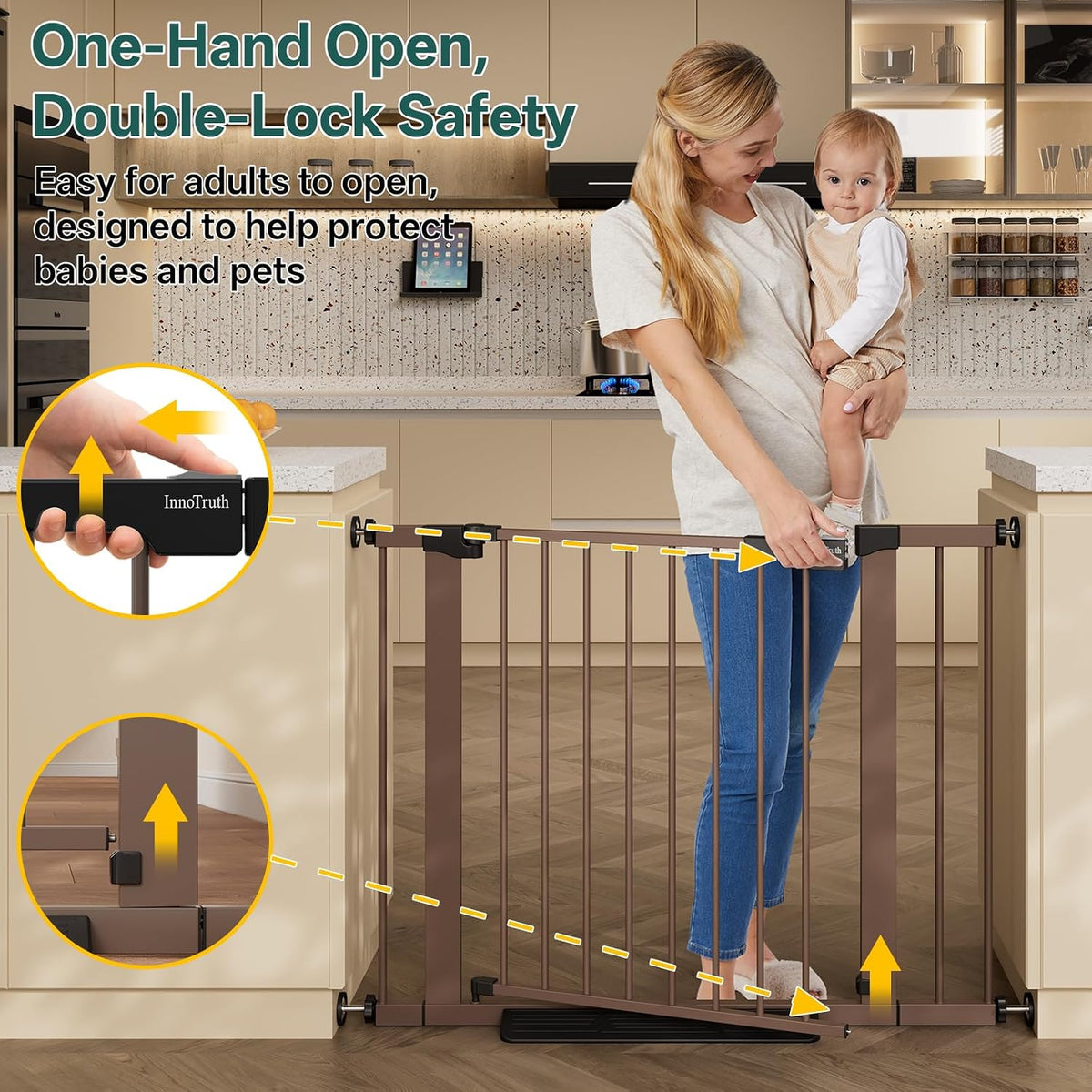 InnoTruth 29.6-39.1 in Wide Baby Gate for Stairs and Doorways, Brown