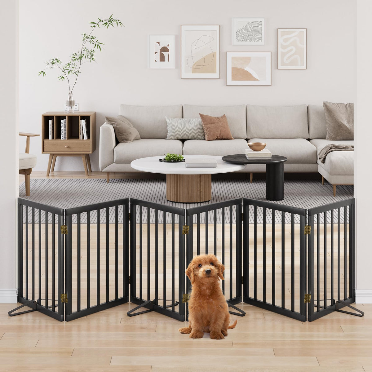 Freestanding Pet Gate Foldable 4 Panel Dog Gate Walnut Dog Gates for Stair Doorways House Indoor (2 Support Feet Included)