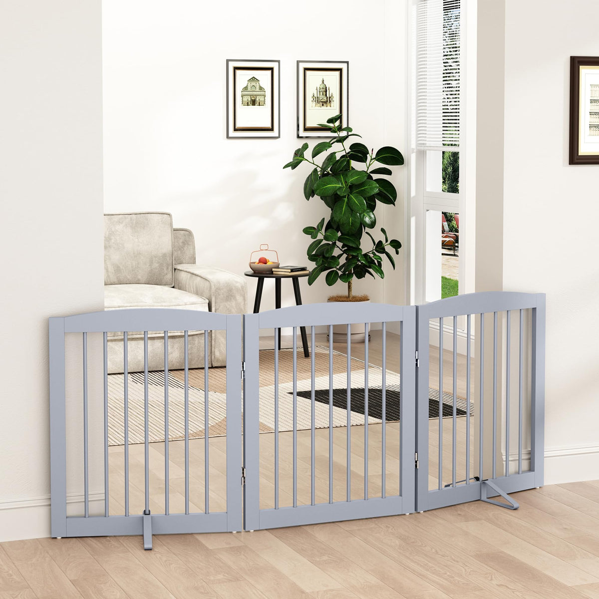 PUPETPO Freestanding Pet Gate for Dogs, Foldable Wooden Dog Gate for House, Indoor Pet Barrier for Stairs, Doorways, Support Feet Included, 24" Height 2 Panels, White