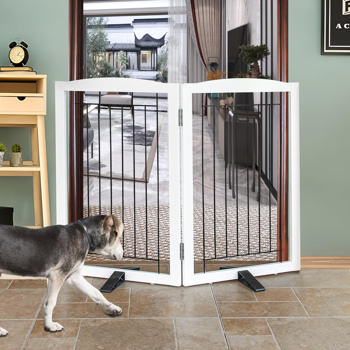 ZJSF Freestanding Dog Fence Indoor, Foldable Dog Gate for Doorways, Stairs or Hallways, Sturdy Wood Extra Wide Pet Gate with Support Feet for The House, White, 24 "Height-3 Panels