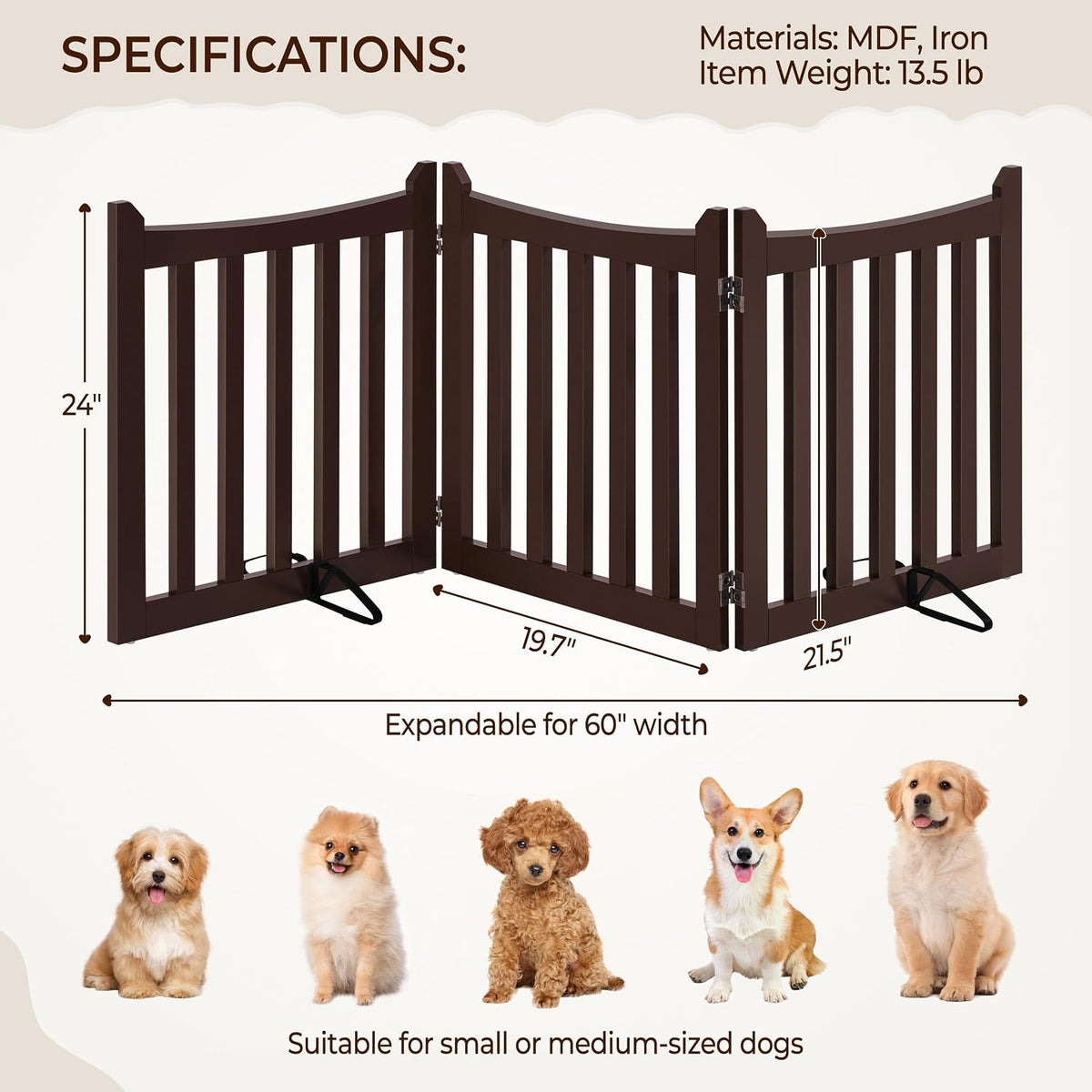 Yaheetech Freestanding Wooden Dog Gate, 3-Panel 24in H Pet Barrier Espresso