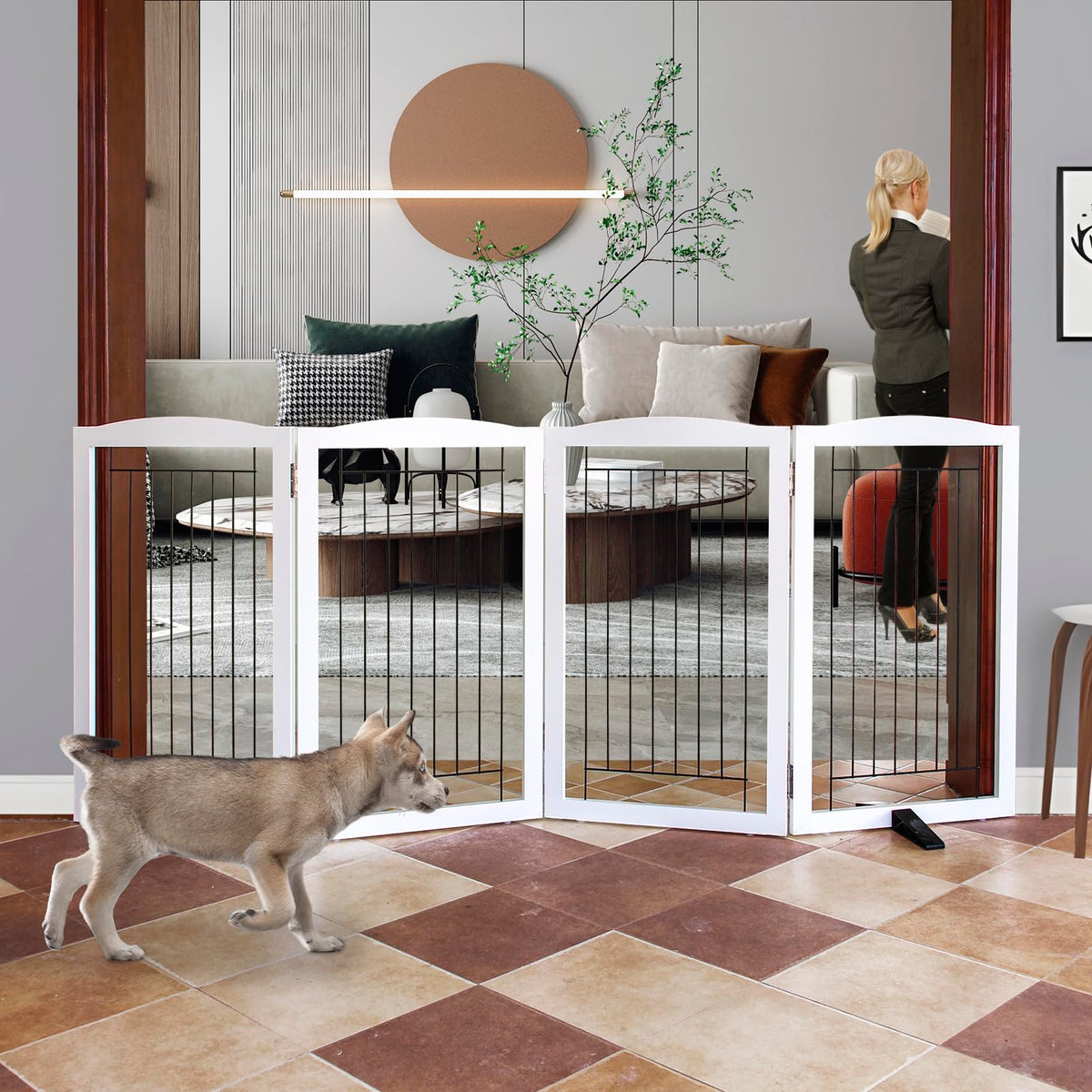 ZJSF Freestanding Dog Fence Indoor, Foldable Dog Gate for Doorways, Stairs or Hallways, Sturdy Wood Extra Wide Pet Gate with Support Feet for The House, White, 24 "Height-3 Panels
