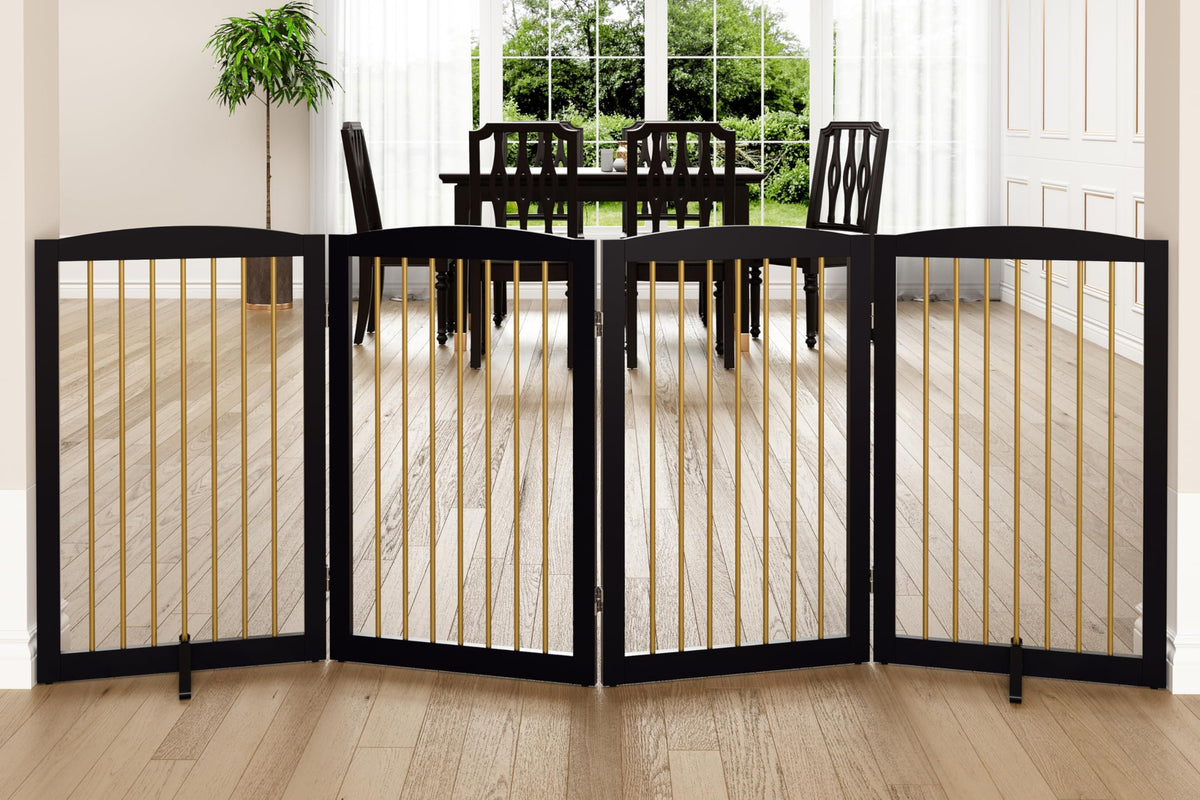 PUPETPO Freestanding Pet Gate for Dogs, Foldable Wooden Dog Gate for House, Indoor Pet Barrier for Stairs, Doorways, Support Feet Included, 24" Height 2 Panels, White