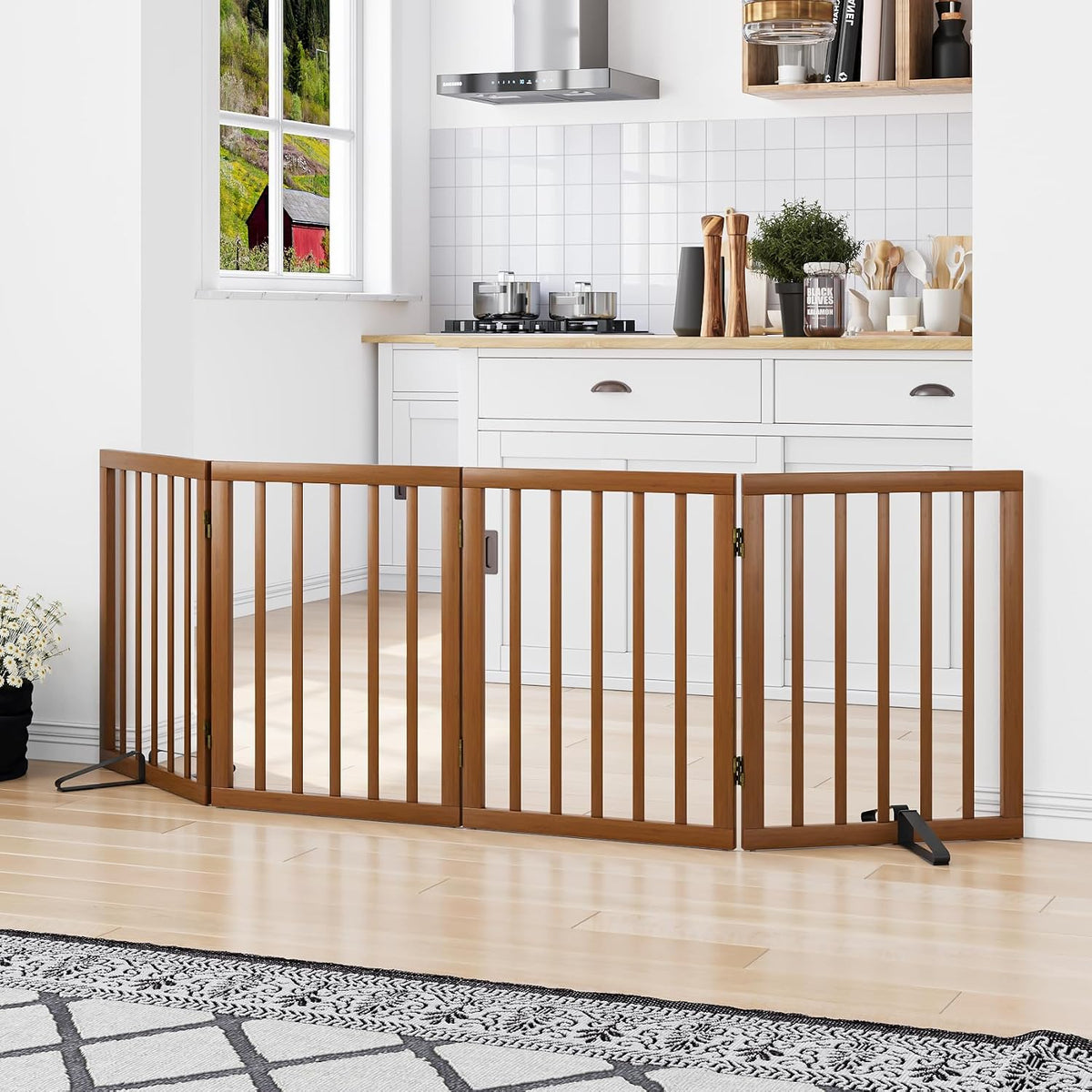 Freestanding Pet Gate Foldable 4 Panel Dog Gate Walnut Dog Gates for Stair Doorways House Indoor (2 Support Feet Included)