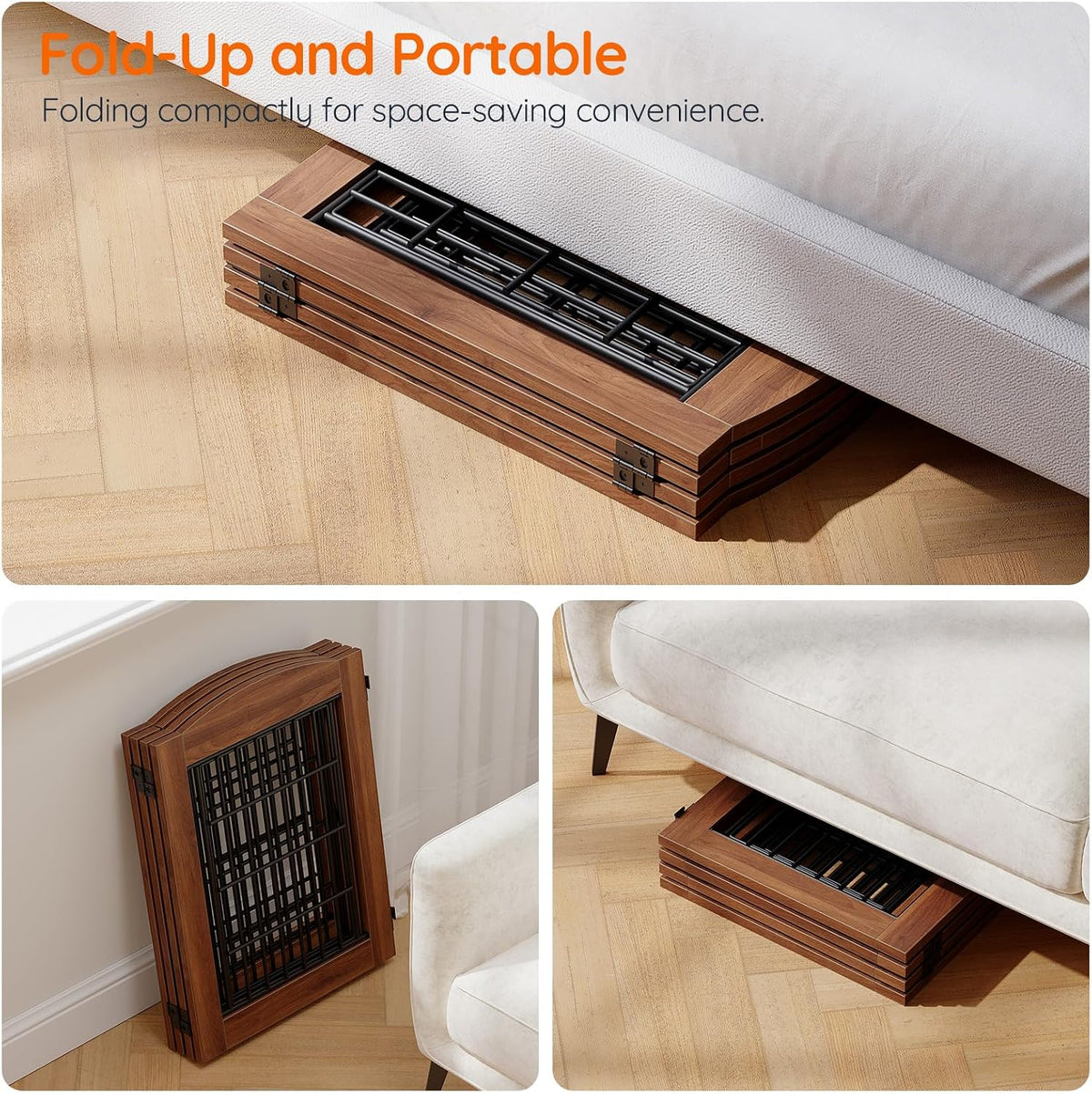 HOOBRO 4 Panels Dog Gate Indoor with Door, 24.8'' Tall Freestanding Pet Gate with 2 Support Feet, Foldable Dog Fence for Doorways, Stairs, Wooden Pet Puppy Safety Fence, Walnut BH85PP03N1