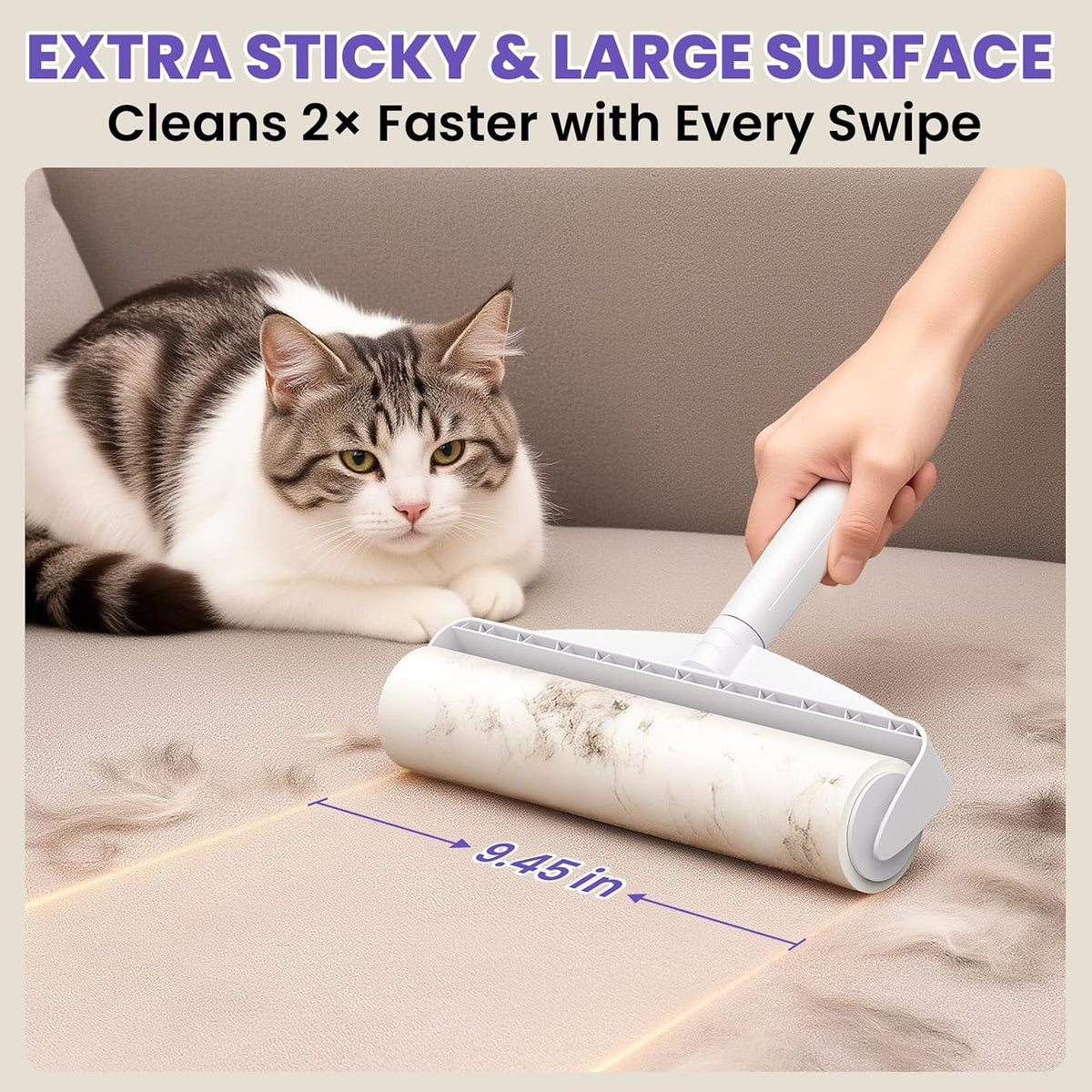 DELOMO 9.45” Large Lint Roller for Pet Hair, Long & Short Handles, 2 Packs