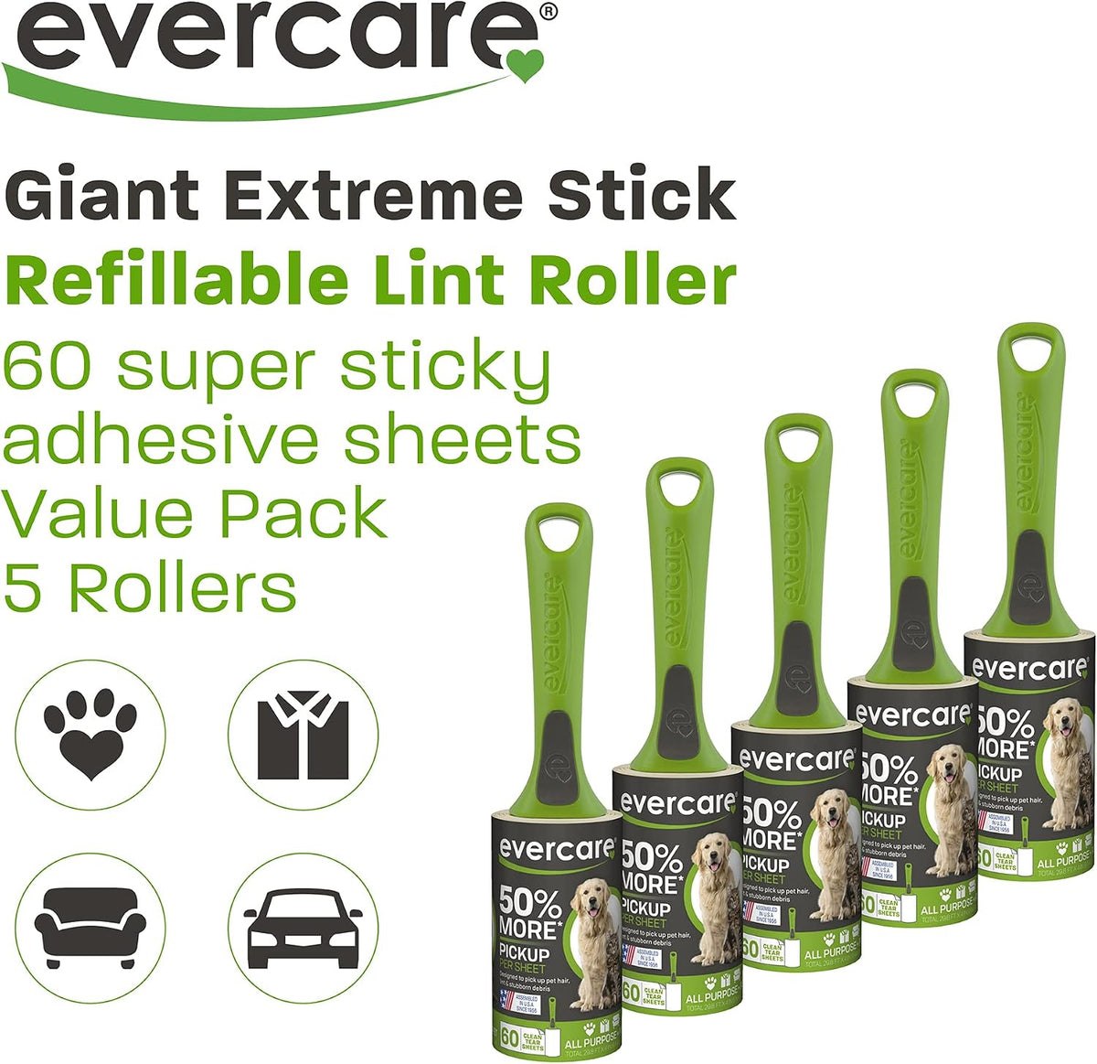 Evercare Giant Extreme Stick Lint Roller Brushes with 60 Easy-Peel Sheets, Pack of 5 Refillable Lint Rollers for Hair and Debris (300 Sheets Total)