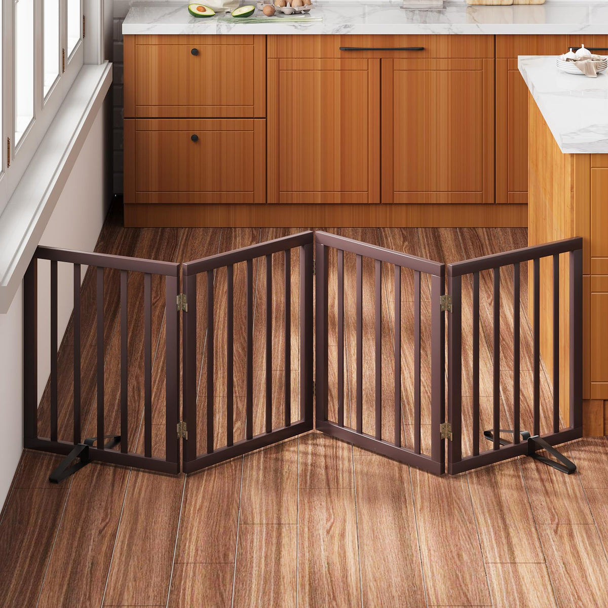 Wooden Dog Gate Freestanding Foldable 4 Panel Pet Gates Extra Wide Dog Gates for Indoor Doorways Stairs 24in Height Support Feet Included