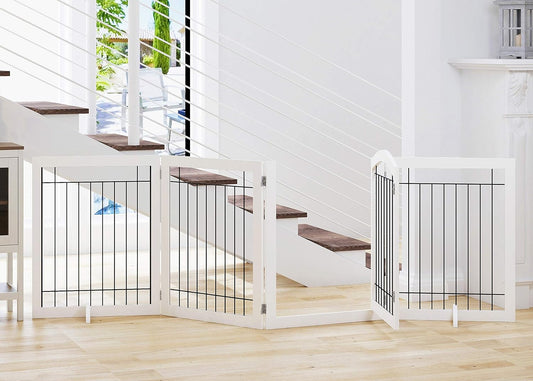 SPIRICH Pet Gate-Freestanding Dog Gate Indoor with Door, 96" Wide, 30" Tall