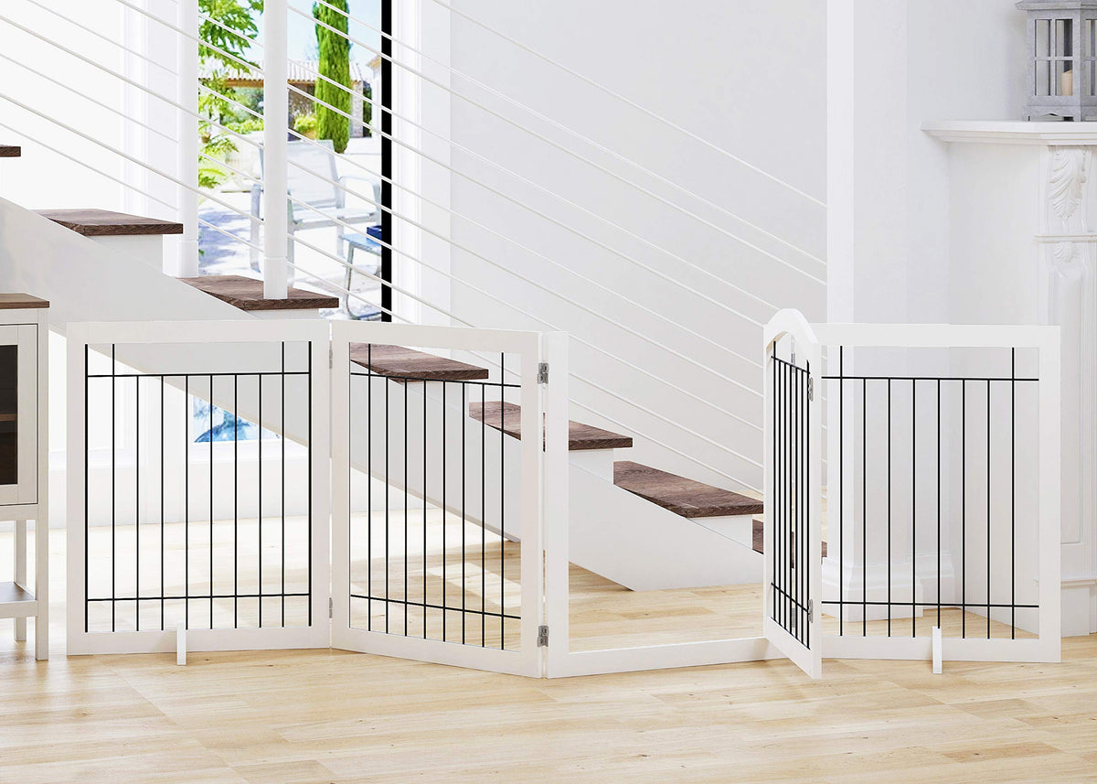 SPIRICH Pet Gate-Freestanding Dog Gate Indoor with Door, 96" Wide, 30" Tall