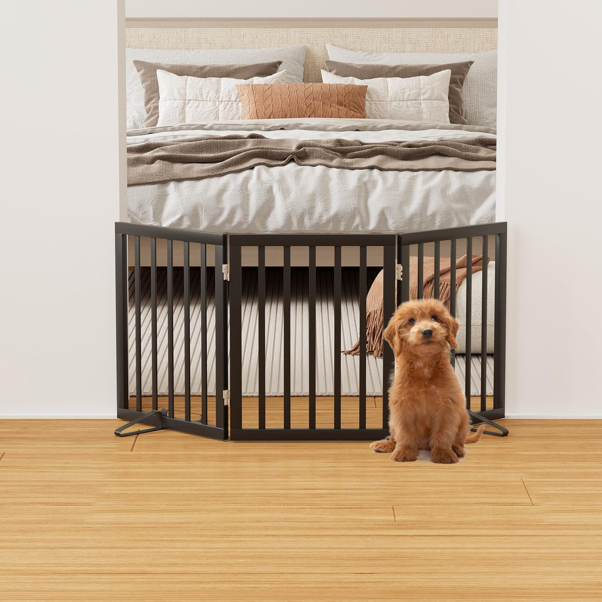 Freestanding Pet Gate Foldable 4 Panel Dog Gate Walnut Dog Gates for Stair Doorways House Indoor (2 Support Feet Included)