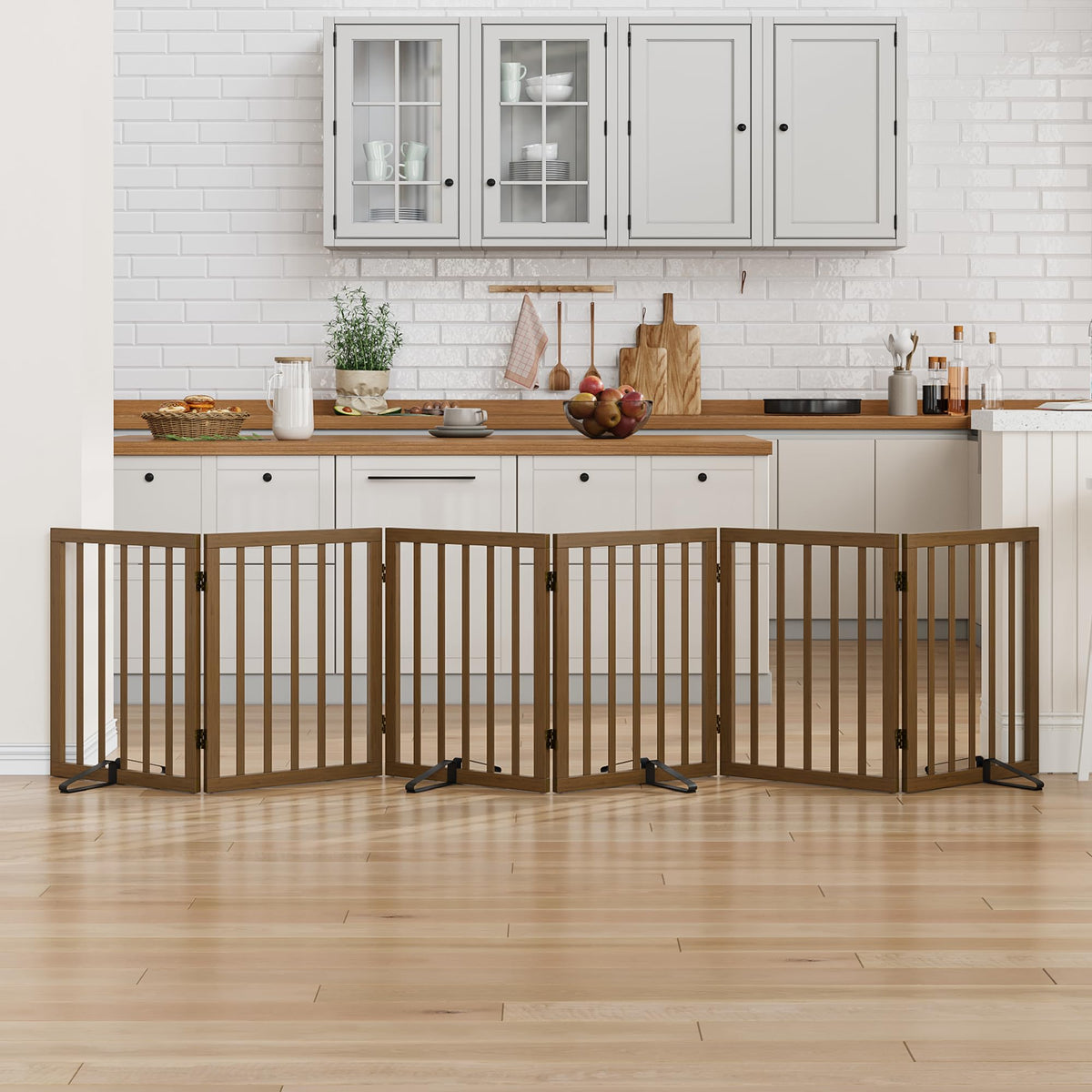 Freestanding Pet Gate Foldable 4 Panel Dog Gate Walnut Dog Gates for Stair Doorways House Indoor (2 Support Feet Included)