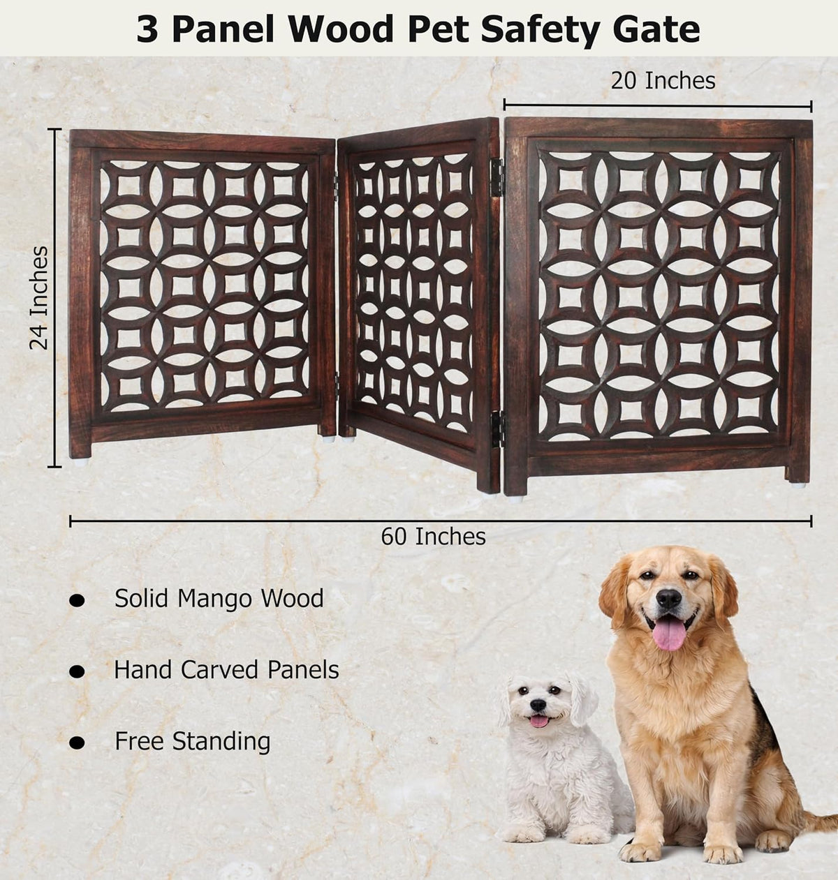 Wooden Foldable Pet Dog Gate - Hand Carved 3-Panel 60 W x 24 H