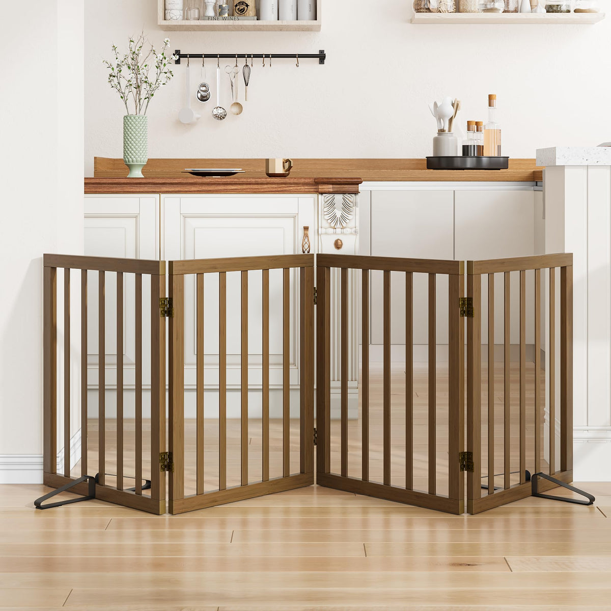 Freestanding Pet Gate Foldable 4 Panel Dog Gate Walnut Dog Gates for Stair Doorways House Indoor (2 Support Feet Included)