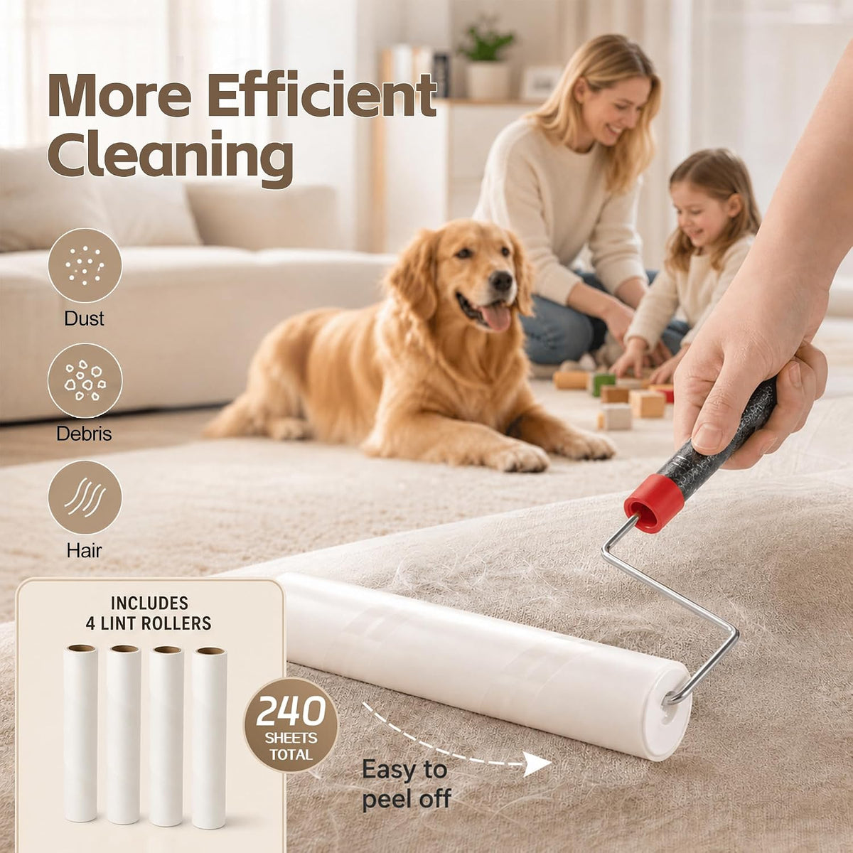 Pet Hair Lint Roller, Extra Sticky – 9.45" Wide Large Roller with 240 Adhesive Sheets, 51" Long Handle Sticky Mop for Carpet, Floor, Couch, Bed Sheets – Home Cleaning
