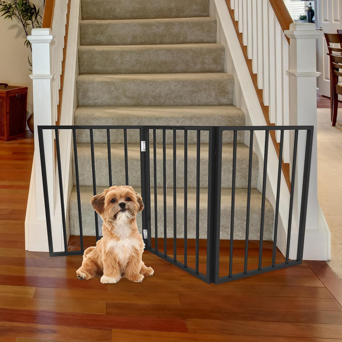 Pet Gate - 3-Panel Indoor Foldable Dog Fence for Stairs, Hallways, or Doorways - 54x24-Inch Wood Freestanding Dog Gates by PETMAKER (Black)