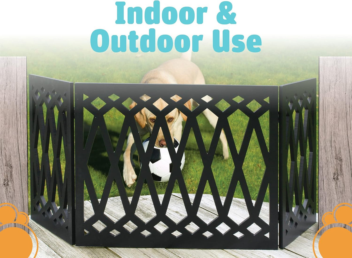 Etna 3-Panel Diamond Design Wood Pet Gate - Decorative Black Tri Fold Dog Fence for Doorways, Stairs - Indoor/Outdoor Pet Barrier - 24-48 Inches Wide x 19 Inches Tall