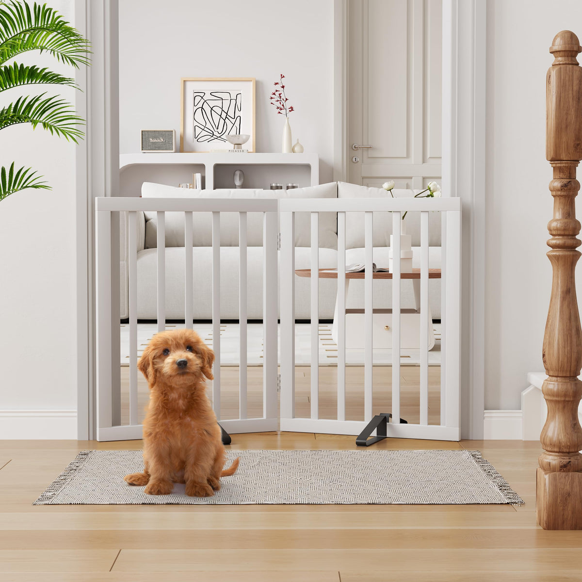 Semiocthome Dog Gate Indoor 2-Panel Freestanding Puppy Gates for The House with 2 Metal Stands 24" H Folding Wood Pet Gate for Stairs Doorway, Fully Assembled Safety Fence - Walnut