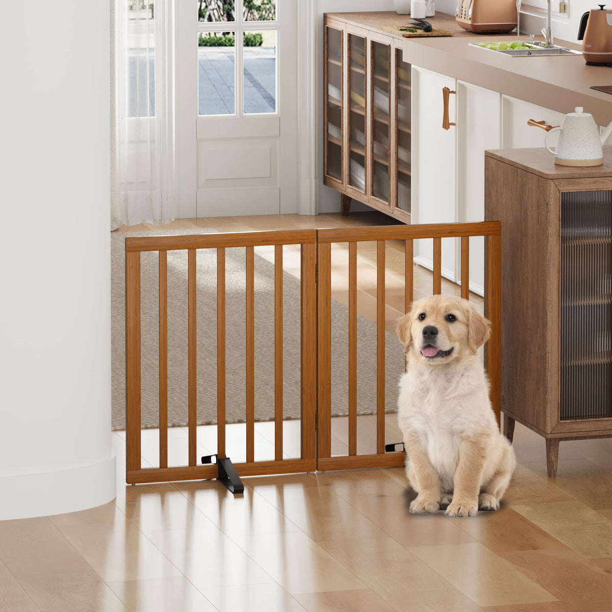 Dog Gates for Doorways, Tall Dog Gate Indoor, Foldable Pet Gates for Doorways Bedroom, Freestanding Puppy Gate with Metal Support Feet, Room Divider,3 Panels (Walnut)